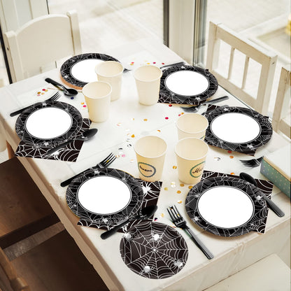 96 Pcs Halloween Party Paper Plates Napkins Supplies Set Spider Web Disposable Tableware Decorations Get Together Celebration Halloween Birthday Party Favors for 24 Guests
