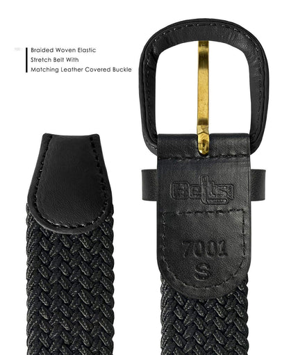 Belts.com Leather Covered Buckle Woven Elastic Stretch Belt, Black, (M(34-36")