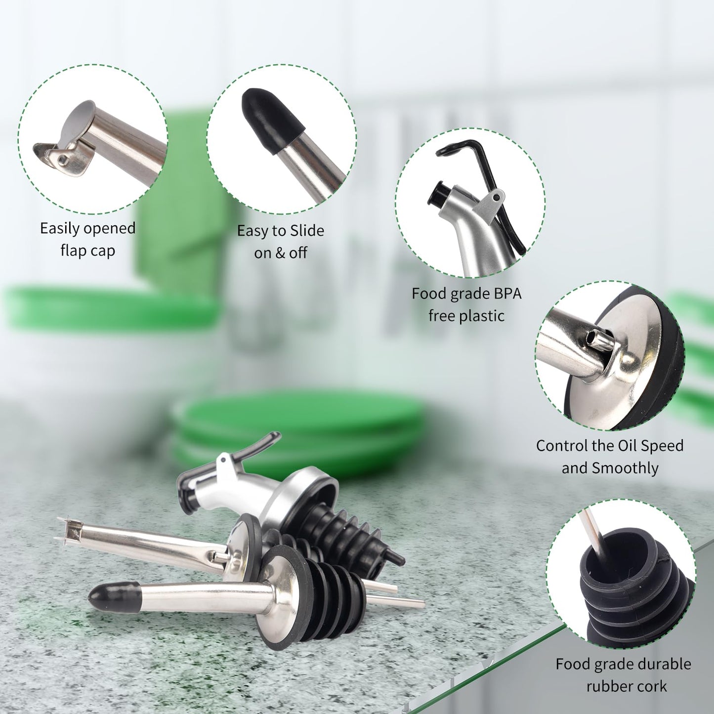 BAKHUK 4 Pack 17oz Olive Oil Dispenser Bottles, 500ml Clear Glass Vinegar Cruet with Pourers and Funnel for Kitchen