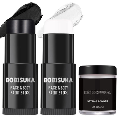 BOBISUKA Black White Face Paint Stick with Setting Powder Set, Eye Black Sticks for Sports, Body Paints for Clown Skeleton Vampire Skull Cosplay Special Effects Costume SFX Halloween Makeup Kit