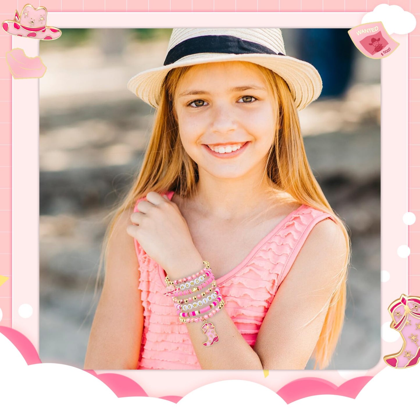 Artlunar Western Cowgirl Beaded Stretch Bracelets, Stackable cowgirl hat boot accessories, Bohemian Jewelry for Women Girls Teens Christmas Birthday Gift Pink