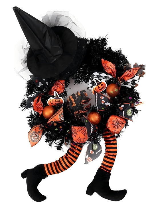 wlflash Happy Halloween Wreath for Front Door Decoration with Skeleton Artificial Bone Orange Ornaments Maple Leaf for Party Decor (Halloween Orange)