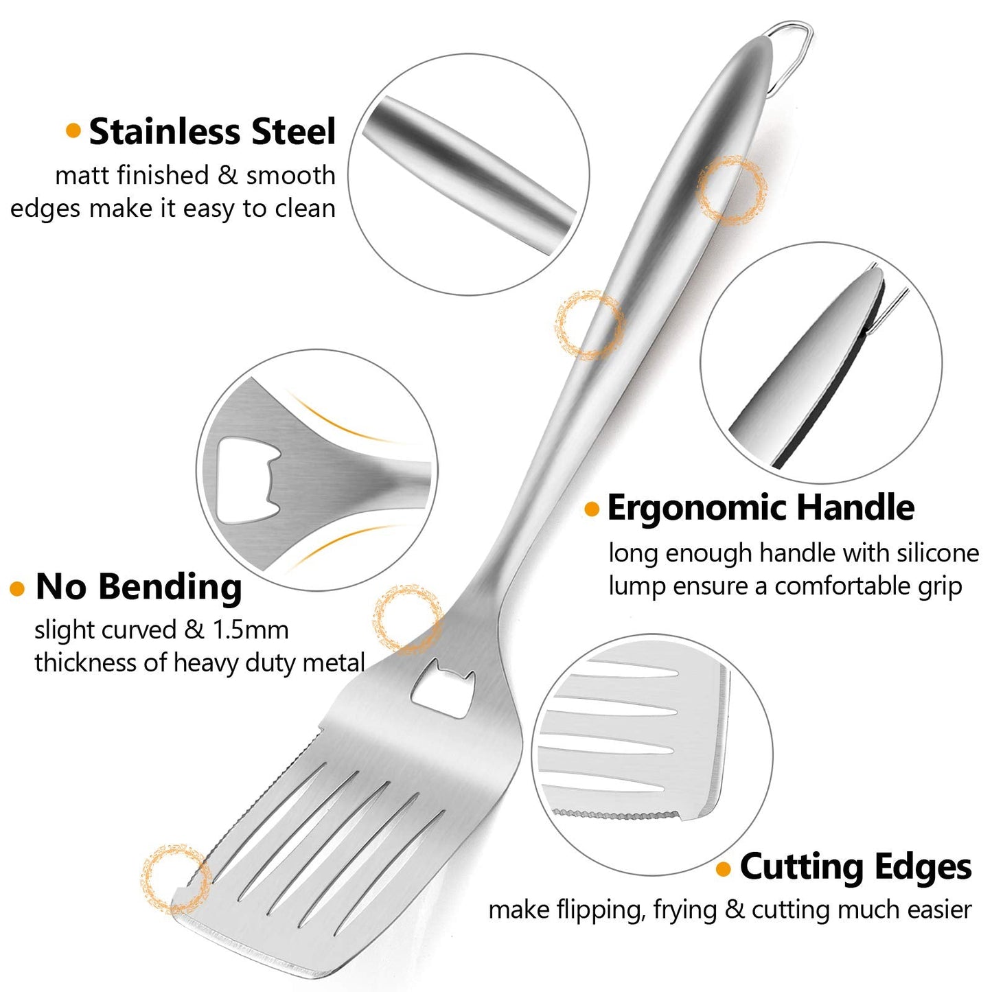 HaSteeL Grilling Utensil Set 18in, Stainless Steel BBQ Accessories Tools with Bag for Outdoor Cooking Camping, Heavy Duty Grill Spatula, Tong, Meat Fork, Basting Brush, Cleaning Brush, Man’s Gift