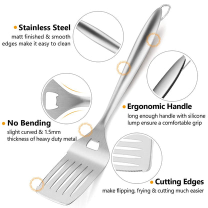 HaSteeL Grilling Utensil Set 18in, Stainless Steel BBQ Accessories Tools with Bag for Outdoor Cooking Camping, Heavy Duty Grill Spatula, Tong, Meat Fork, Basting Brush, Cleaning Brush, Man’s Gift