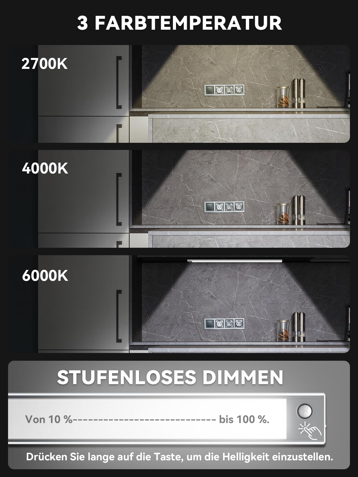 60 cm Under-Unit Light Kitchen LED Dimmable, 216 LEDs Cabinet Lighting with Motion Sensor, 4500 mAh Rechargeable Lighting LED Strip, 3 Colour Modes, Magnetic LED Strip for Cupboard, Wardrobe