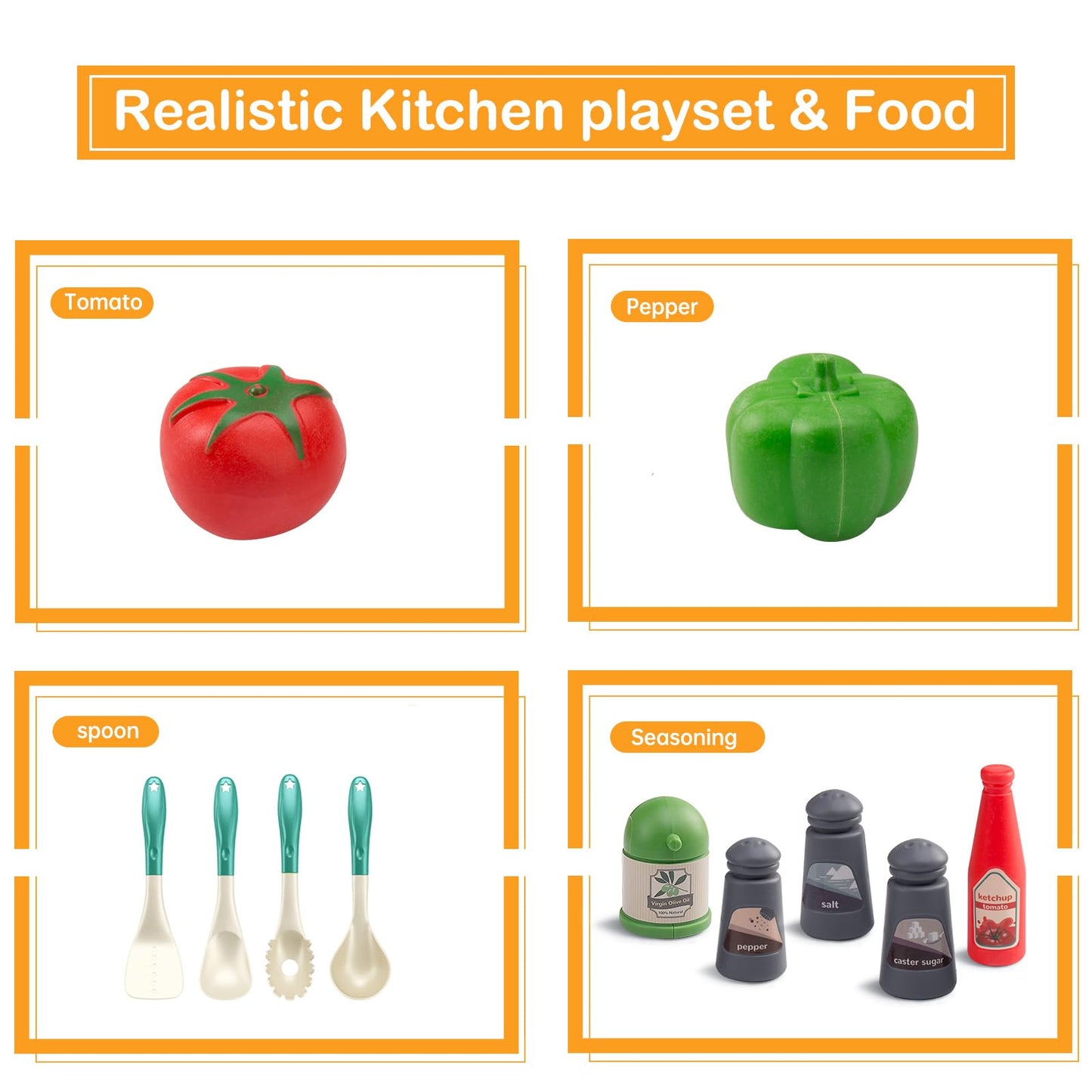 Bruvoalon 32Pcs Kids Play Kitchen Toys Set, Toddlers Pretend Cooking Playset Acccessories with Pots Pans, Utensils Cookware, Foods, Canned Veges, Learning Gift for Kids Girls Boys (Green)