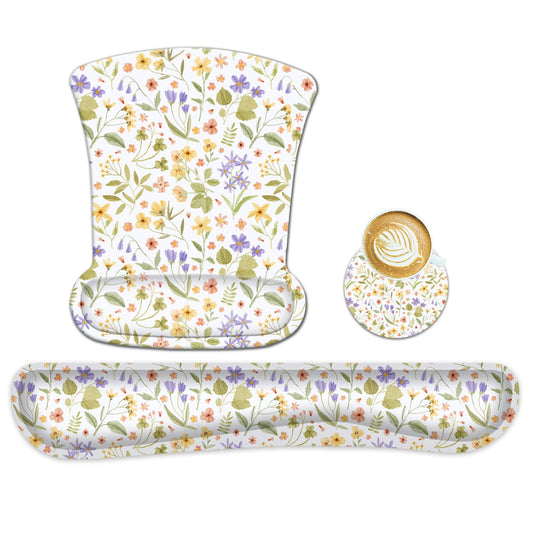 AUPET Mouse Pad Keyboard Wrist Rest Set,Ergonomic Memory Foam Mouse Pads Wrist Support Set,Non-Slip Base, Smooth Surface, Pain Relief for Gaming,Office (Pressed Flower Art)