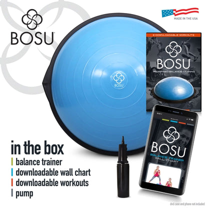 Bosu Balance Ball Exercise Trainer, Home Gym Equipment w/ Guided Workouts & Pump, 26", Blue - Inflatable Fitness Platform for Strength Training, Standing, Balancing, and Core Workout