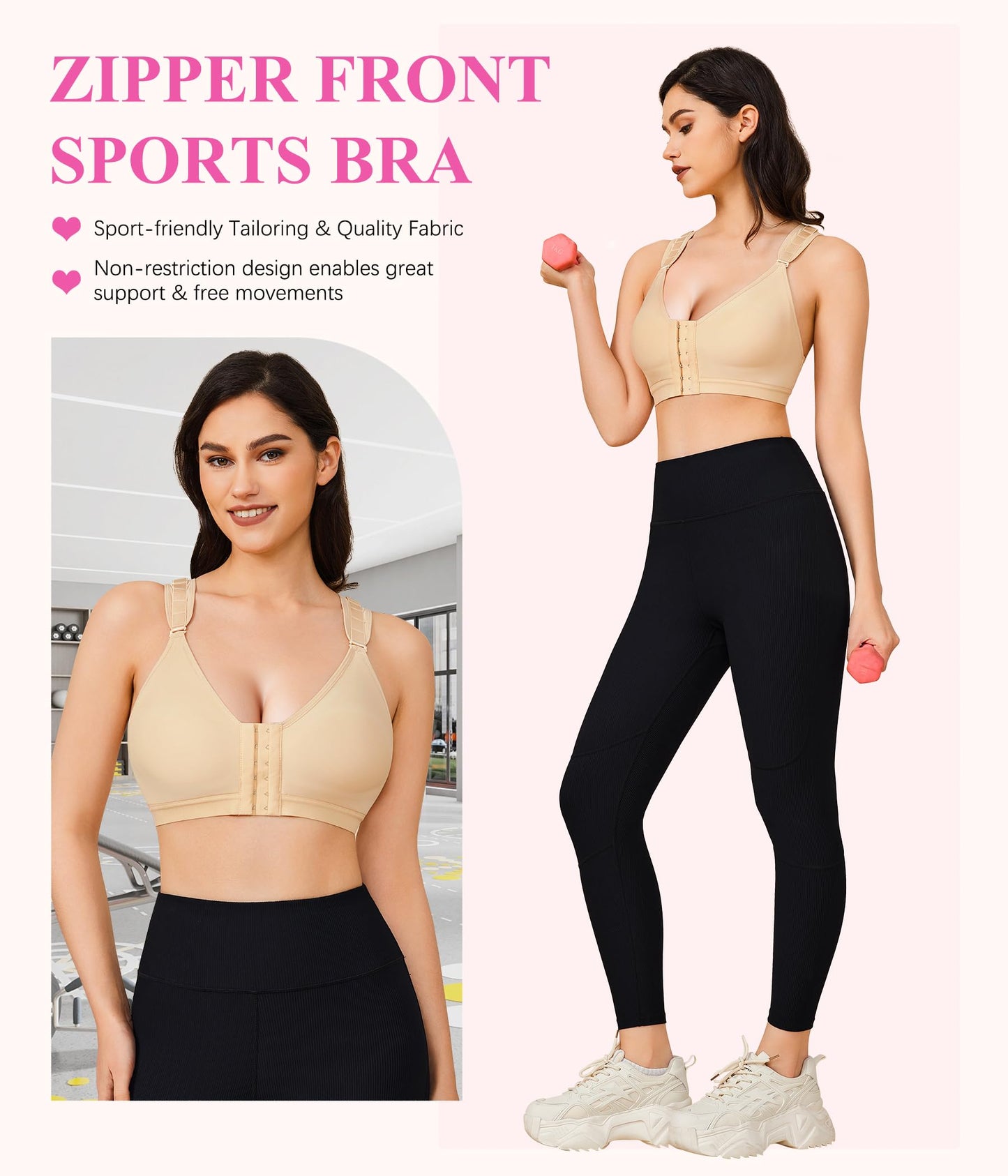 BRABIC Women Post-Surgical Sports Support Bra Front Closure with Adjustable Straps Wirefree Racerback (Beige, 2XL (fit for 40B 40C 42A 42B))