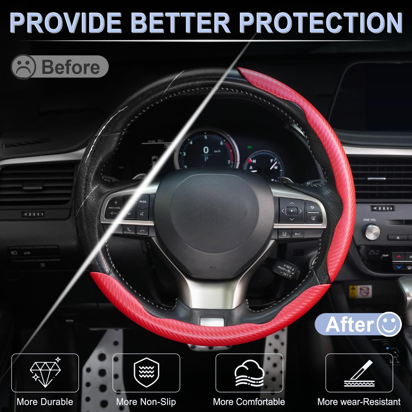 Amiss 3pcs Carbon Fiber Anti-Skid Steering Wheel Cover, Segmented & Butterfly Design, Universal 99% Car Wheel Cover Protector, Red
