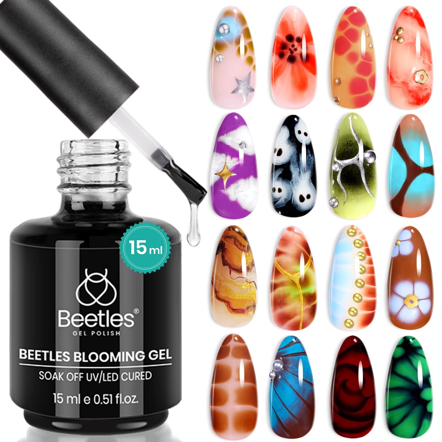 Beetles Blooming Gel - 15ml Clear Gel Polish Blossom Fall Halloween Nail for Spreading Effect Marble Natural Stone Watercolor Floral Print Soak off UV/LED Lamp Needed, Diy Nail Art Design Gift