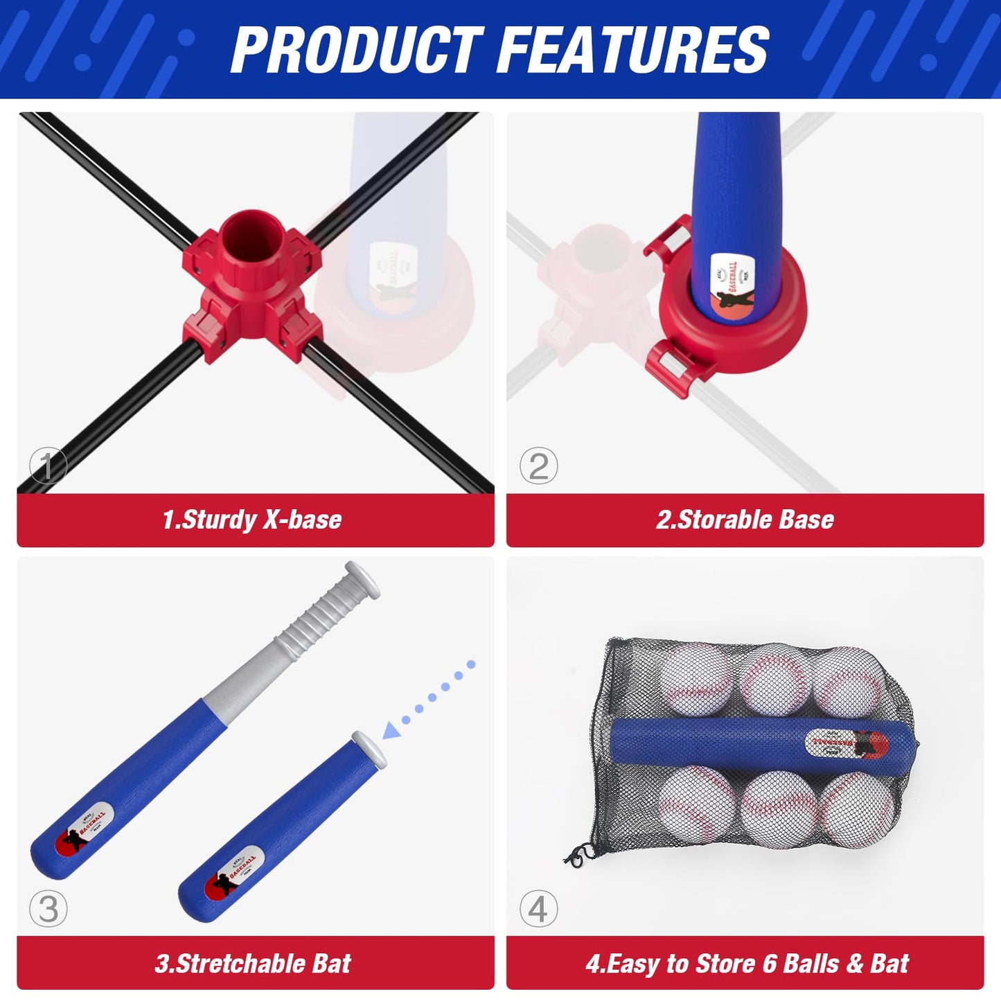 HYES 3-in-1 Baseball Set for Kids 3-5 - Tee Ball Stand, Hanging Tee, Ball Launcher and 6 Softballs - Adjustable Height, Indoor/Outdoor Sport Gifts for Boys, Blue