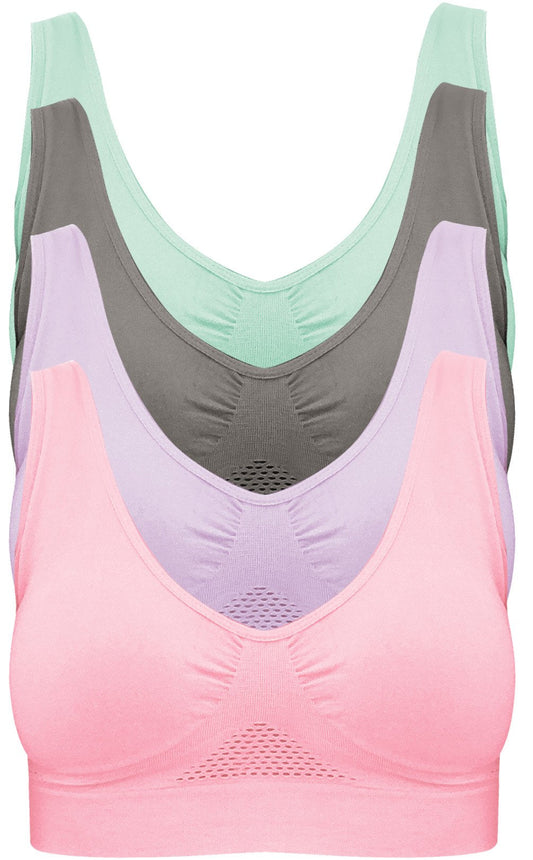 4-Pack Women's Seamless Wireless Cooling Unpadded Comfort Bra (Blue Glass, Lady Pink, Purple Heather, Neutral Gray, X-Large)