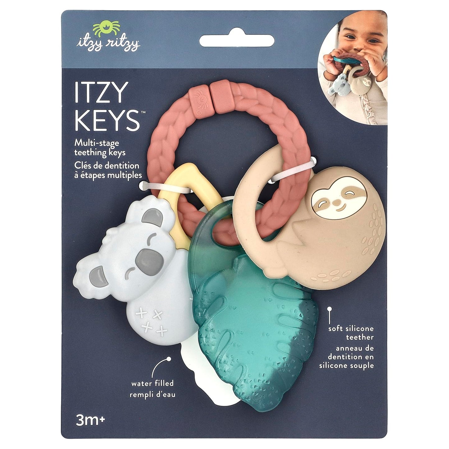 Itzy Ritzy Teething Keys Baby Teether Toy - Features a Braided Texture Ring & Keys, Includes a Water-Filled Leaf-Shaped Teether & Silicone Sloth & Koala Teething Toys, Ideal for Ages 3 Months & Up