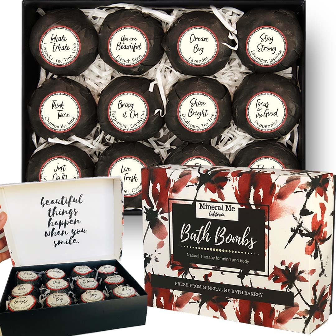 Bath Bombs for Women Relaxing with Inspirational Messages, 12 Natural and Organic Bath Bombs with Essential Oils & Skin Moisturizing Shea Butter. Birthday Gift, Appreciation Gift for Wife Girlfriend