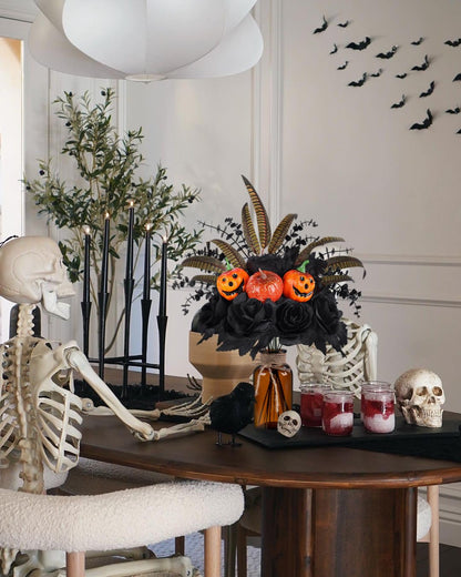 Bessol Halloween Artificial Flowers Decorations,Fake Black Roses Eucalyptus Pumpkins with Vase Arrangements Halloween Table Centerpiece for Kitchen Dining Living Room Home Indoor Decor