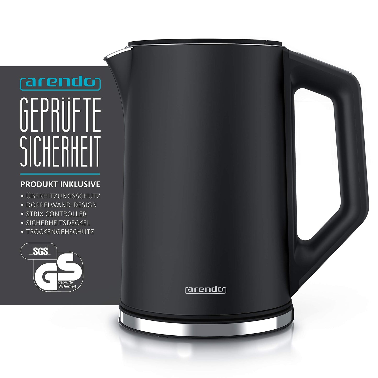 Arendo - Stainless Steel Kettle with Temperature Setting 40-100 Degrees in 5 Steps - Double Wall Design - Elegant Model - 1.5 Litre - 2200 W - Tea Maker with Temperature Display - GS - Black