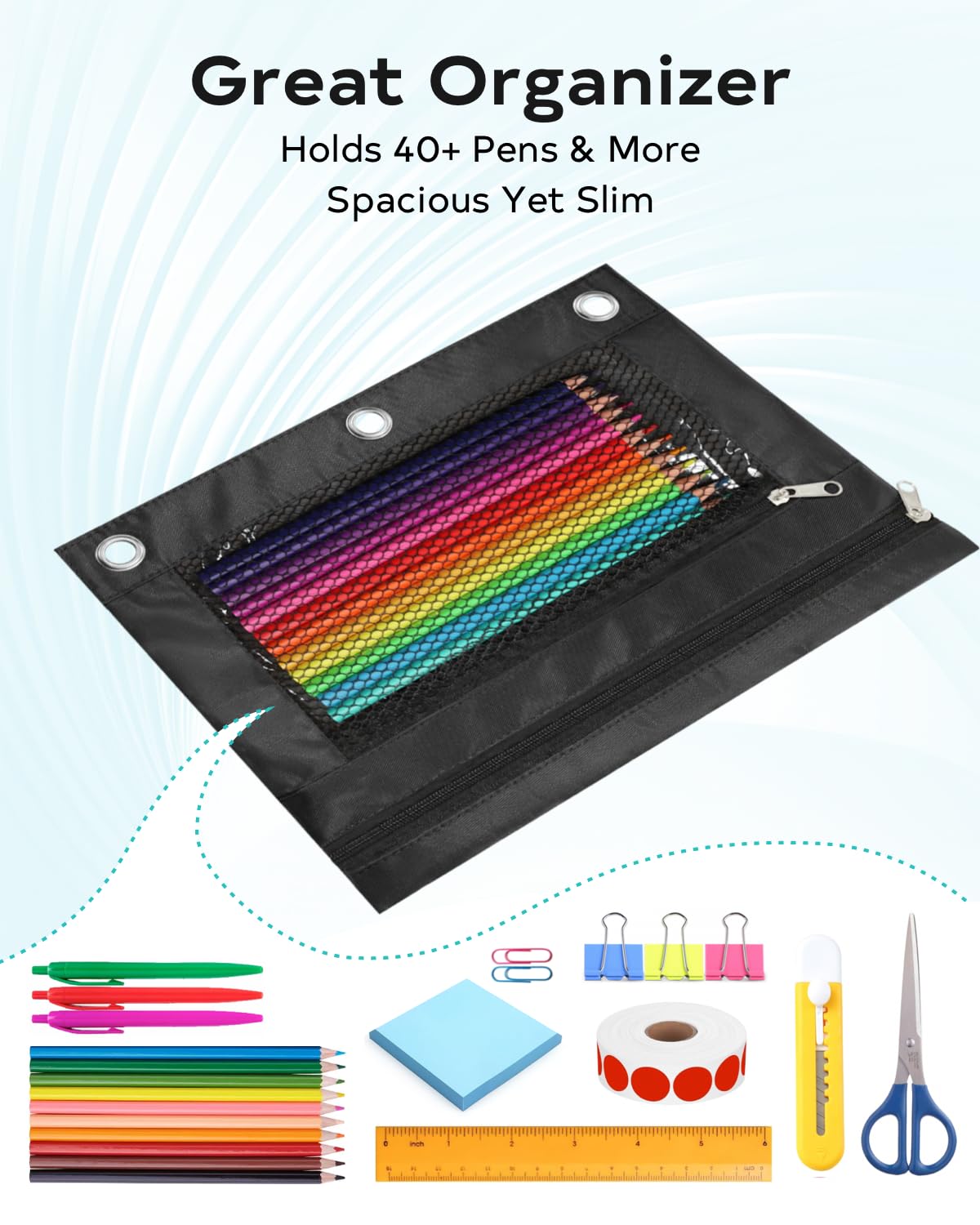 ASBEFORE Pencil Pouch for 3 Ring Binder - 3 Hole Zipper Pen Case Bag Holder Bulk Accessories Clear Window Aesthetic Organizer Pockets (Black, 1)