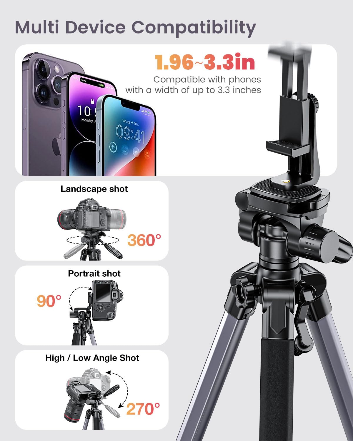 CAMBOFOTO 74"-Camera-Tripod, Professional Aluminum Tripod/Leg Stand Mirrorless Camera/DSLR/Cell Phone/Camcorder/GoPro, with Phone Holder and Travel Bag (Gunmetal Gray) Weight 2.8 lbs Load 8.8 lbs