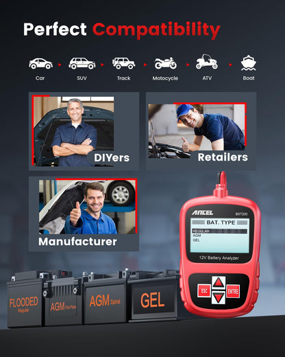 ANCEL BST200 Car Battery Tester 12V Automotive, 100-1100 CCA Battery Load Tester Tool, Auto Battery Analyzer Digital Tester for Car Truck Motorcycle SUV Boat and More