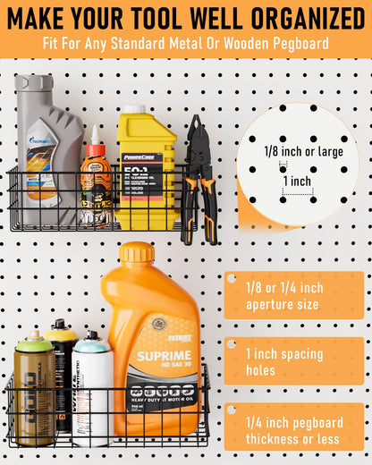 INCLY 4 Pack Pegboard Baskets Bins Set, 4 Size Square Style Black Metal Wire Basket for Any Peg Board Organizing Tools, Pegboard Accessories for Workbench Garage Wall Storage Attachments