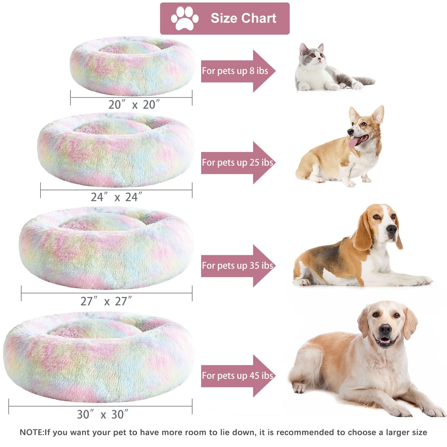 WNPETHOME Calming Dog Bed Cat Bed Donut, Faux Fur Pet Bed Self-Warming Donut Cuddler, Comfortable Round Plush Dog Beds (20 x 20 x 8 Inch, Rainbow)