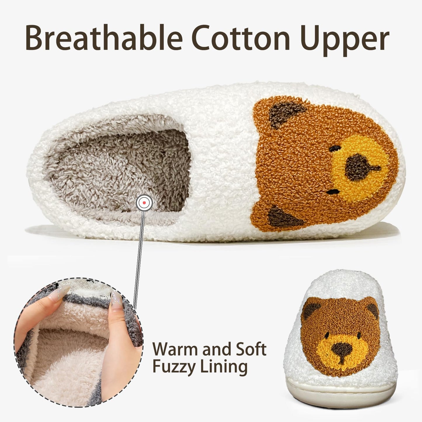 Bear Slippers for Women White Teddy Bear Slipper Indoor and Outdoor fluffy Cartoon Indoor Warm Fleece Shoe Winter Soft Cozy Home Non-Slip Soft Plush Slip-on Wool Lined Shoes