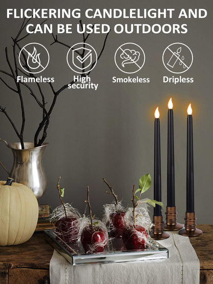 Alphatool 6 Packs Halloween Black LED Flameless Candles with Bases - Flicker Flame, Tall Taper Smokeless Dripless Candles, Decor for Fireplace Diningtable Bar School