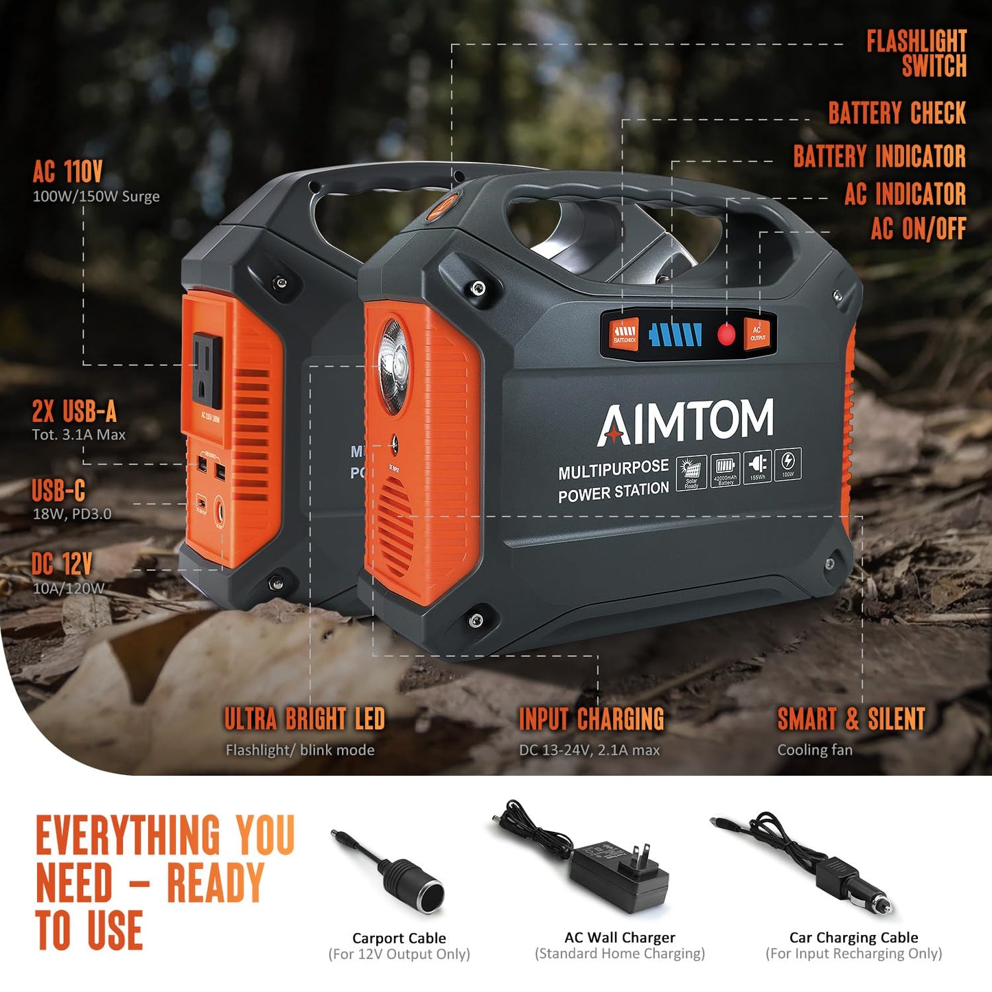AIMTOM 155Wh Portable Power Station with 30W Solar Panel – 150W Peak/110V AC, 18W USB-C, 2x USB-A & 12V DC – Solar Generator for Camping, Home, RV, Travel & Emergencies