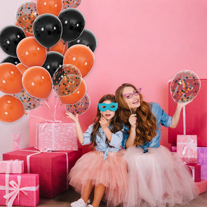 68Pcs Black and Orange Balloons, 12 inch Orange Black Latex Balloon Set with Confetti Ribbons Reusable, Fade-Resistant for Halloween, Graduation Spooky Party Decorations.