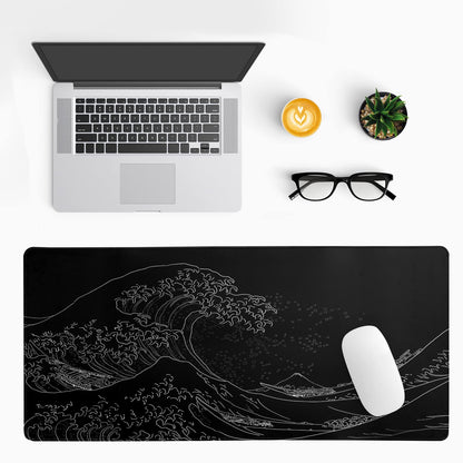 Brecoy Japanese Sea Wave Large Mouse Pad, Anime Black Gaming, Extended Kanagawa Mat Desk Pad, 3mm Thick Long Non-Slip Rubber Base Mice Pad, 31.5 X 11.8 Inch