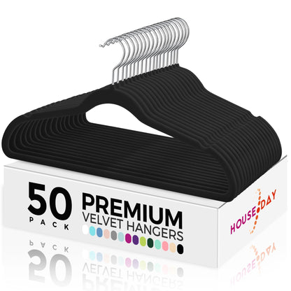 HOUSE DAY Premium Velvet Hangers 50 Pack Black, Non-Slip Flocked Felt Hangers, Sturdy Clothes Hangers with 360° Rotatable Hook, Heavy Duty Coat Hanger, Durable Slim Hanger for Closet Space Saving