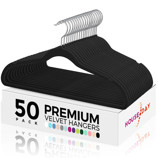 HOUSE DAY Premium Velvet Hangers 50 Pack Black, Non-Slip Flocked Felt Hangers, Sturdy Clothes Hangers with 360° Rotatable Hook, Heavy Duty Coat Hanger, Durable Slim Hanger for Closet Space Saving