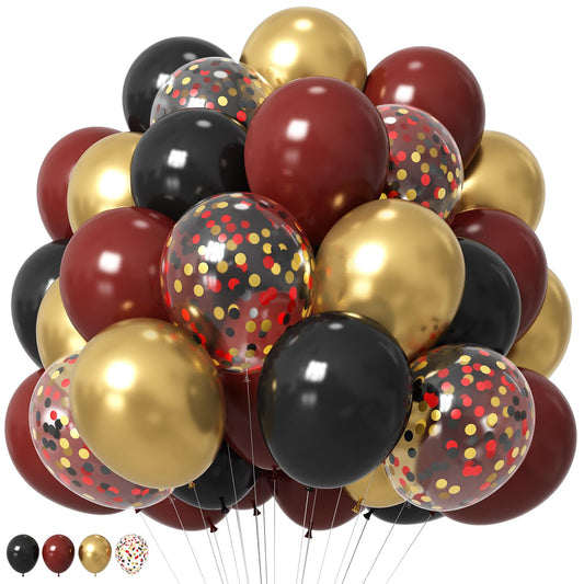 HILAVO Black Burgundy Gold Balloons 12 Inch Burgundy Maroon Red Black Metallic Gold Latex Confetti Balloon for Kids Graduation Birthday Baby Shower Party Decoration