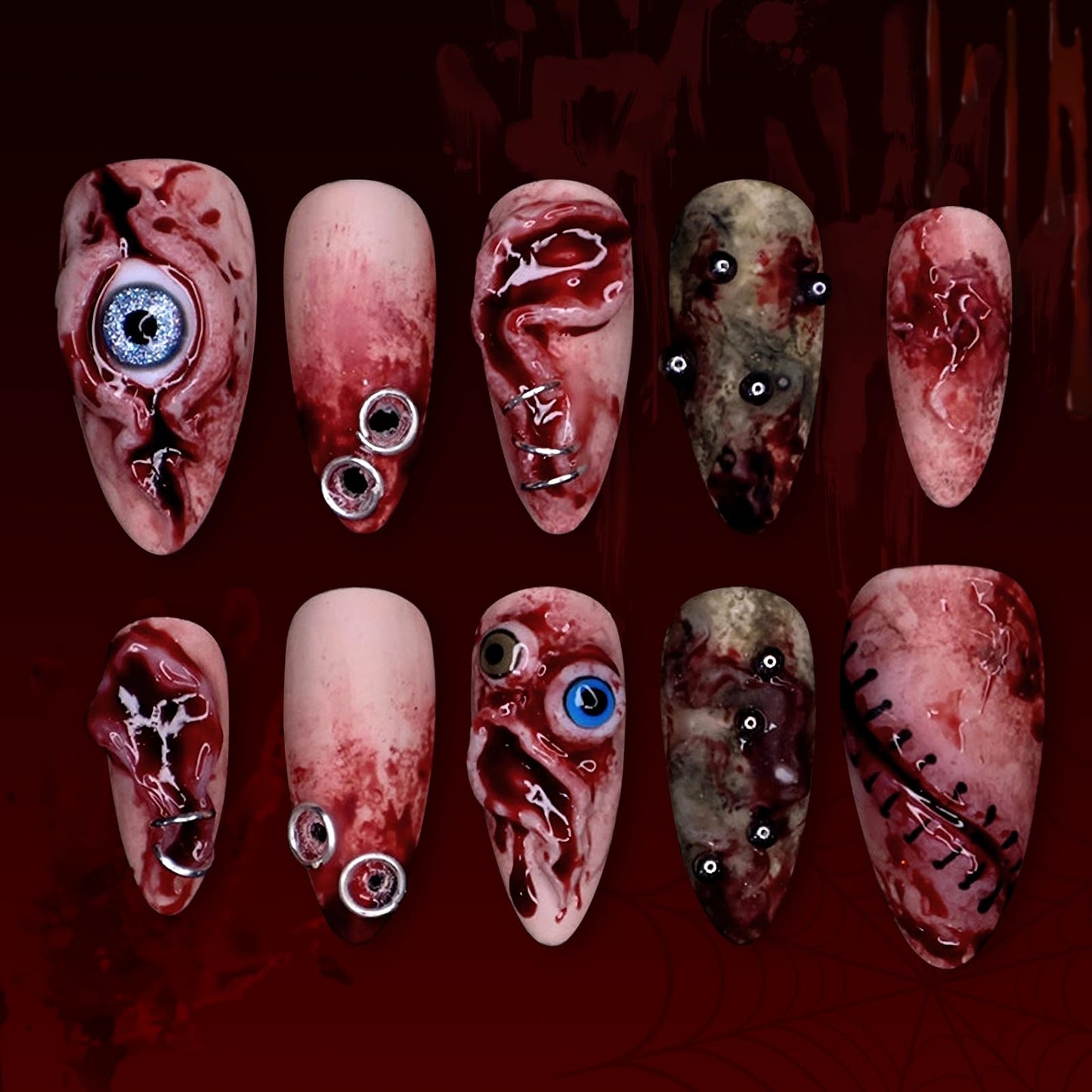 HOSAILY Halloween Press on Nails Short Almond Fake Nails 3D Blood Stain Eyeball Scar Horror Design Gothic False Nails for Party Cosplay Spooky Season Manicure, 30pcs Full Cover Glue on Nail for Women
