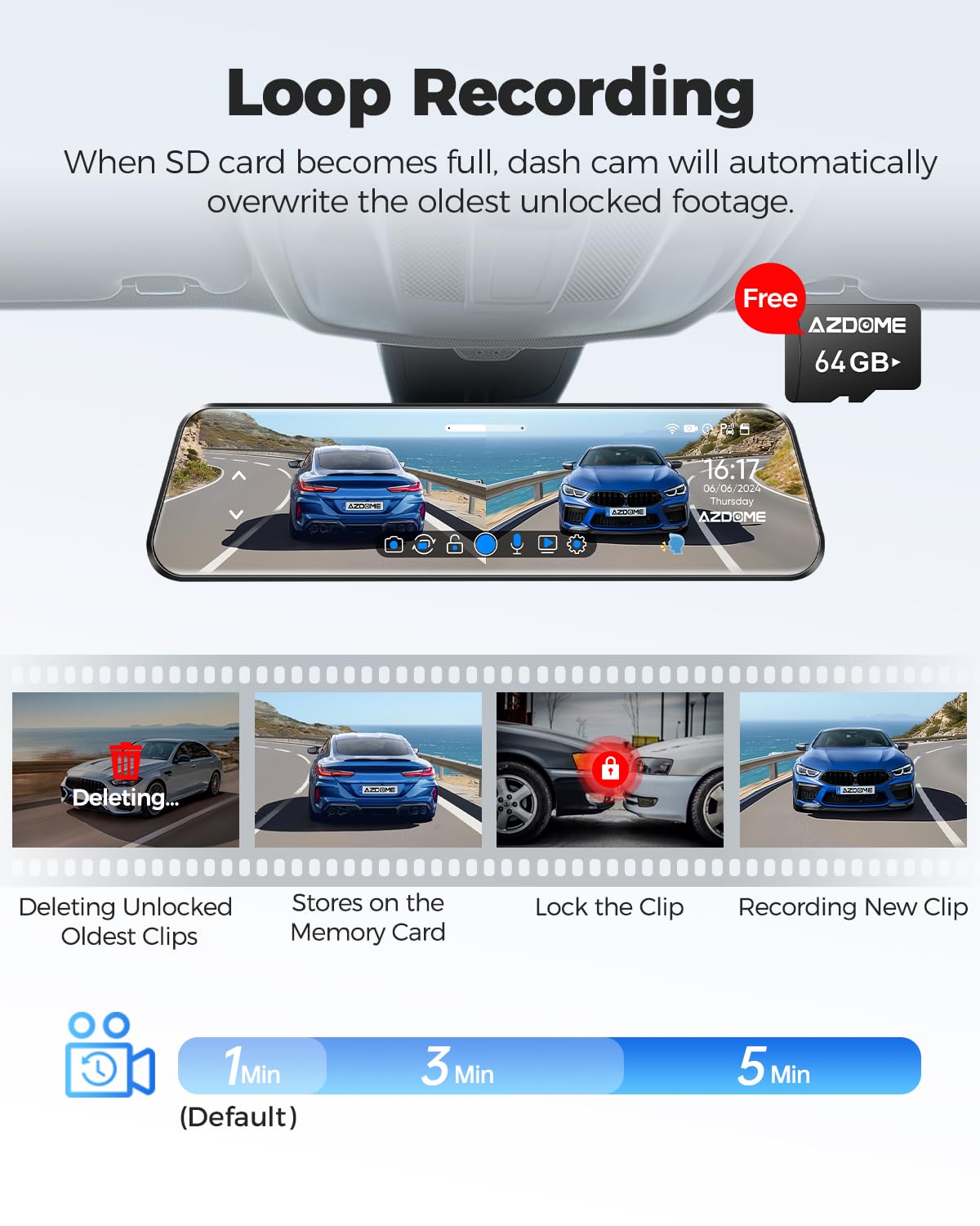 AZDOME PG17 12" 4K Mirror Dash Cam Front and Rear, Wi-Fi 6 Rear View Mirror Camera with 64GB Card, Voice Control Dash Camera for Car, Rearview Mirror Camera with GPS Night Vision Parking Assistance