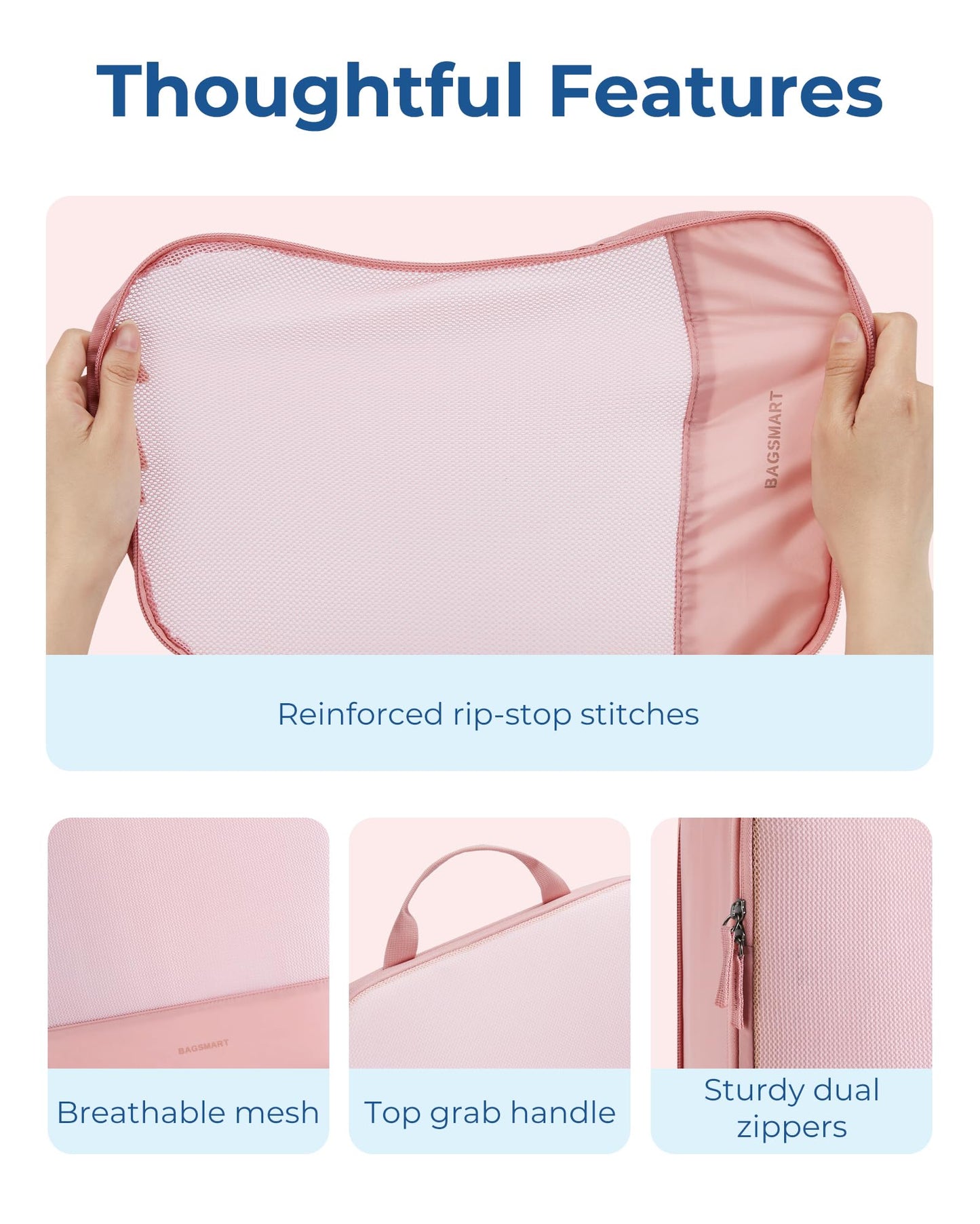 BAGSMART Hanging Compression Packing Cubes for Closet Organizers And Storage, 6 Set Suitcase Organizer Bags, Cruise Travel Essentials for Women, Baby Pink