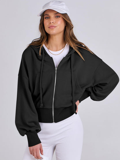 ANRABESS Women's Zip Up Hoodies Cropped Sweatshirts Casual Zip Jackets 2025 Fashion Trendy Fall Outfits Black Large