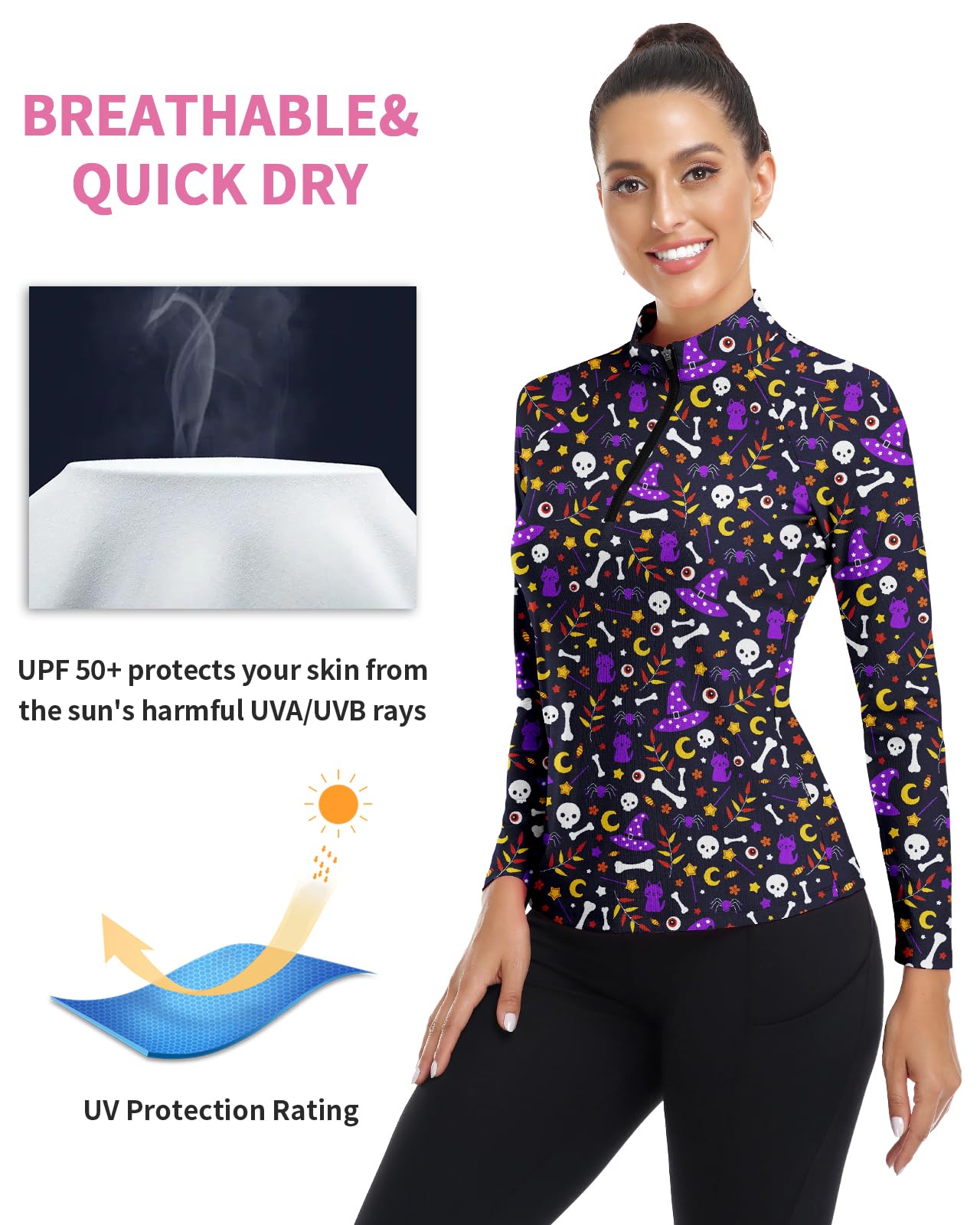 Women's Long Sleeve Golf Shirts Sun Protection Workout Pullover 3/4 Zip Teenis Sweatshirt Athletic Running Top Halloween (Purple Skull,M)