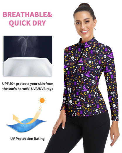 Women's Long Sleeve Golf Shirts Sun Protection Workout Pullover 3/4 Zip Teenis Sweatshirt Athletic Running Top Halloween (Purple Skull,M)