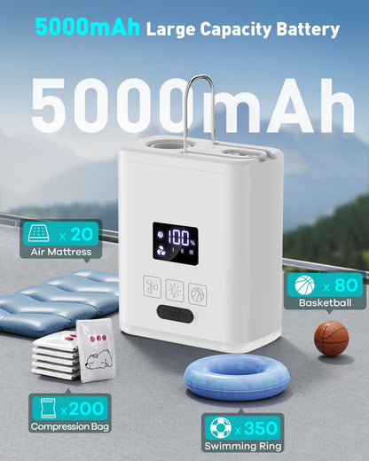 Air Pump for Inflatables Mini Air Mattress Pump Portable Electric Air Pump for Pool Floats,Swimming Rings, Sleeping Pads, Vacuum Storage Bags 5X with 5000mAh Battery & Light, USB Rechargeable