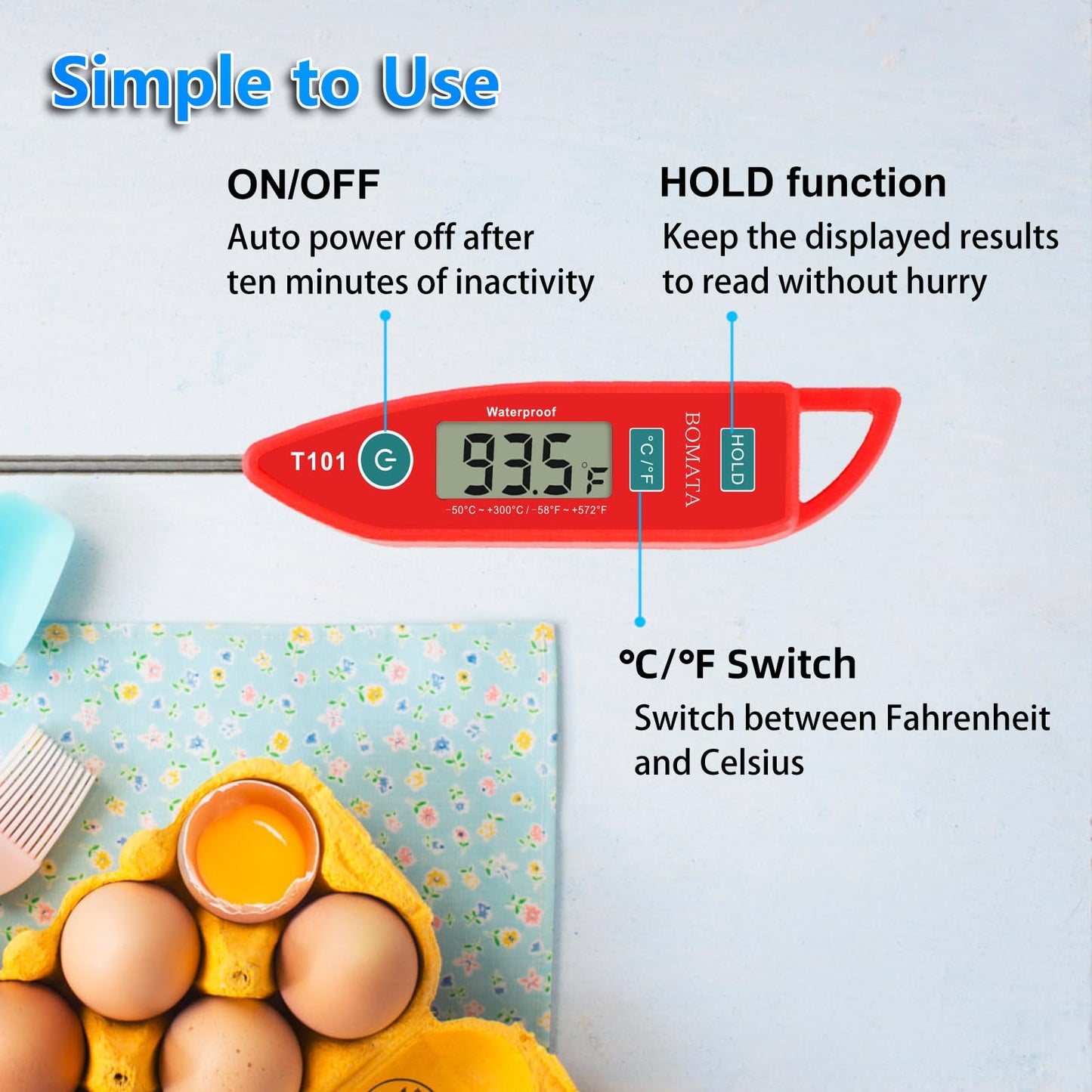 BOMATA 2 Pack Waterproof IPX7 Meat Thermometer Instant Read Food Thermometer with Long Probe for Water, Liquid, Kitchen Cooking, Grill,BBQ ! T101 X 2 Pcs (Black & Red)…