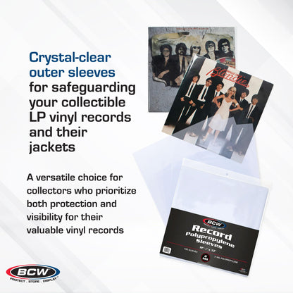 BCW 33 RPM Record Sleeves - 100 ct | Polypropylene Vinyl Record Outer Sleeves | 2 mil Thickness | Vinyl Record Album Protectors