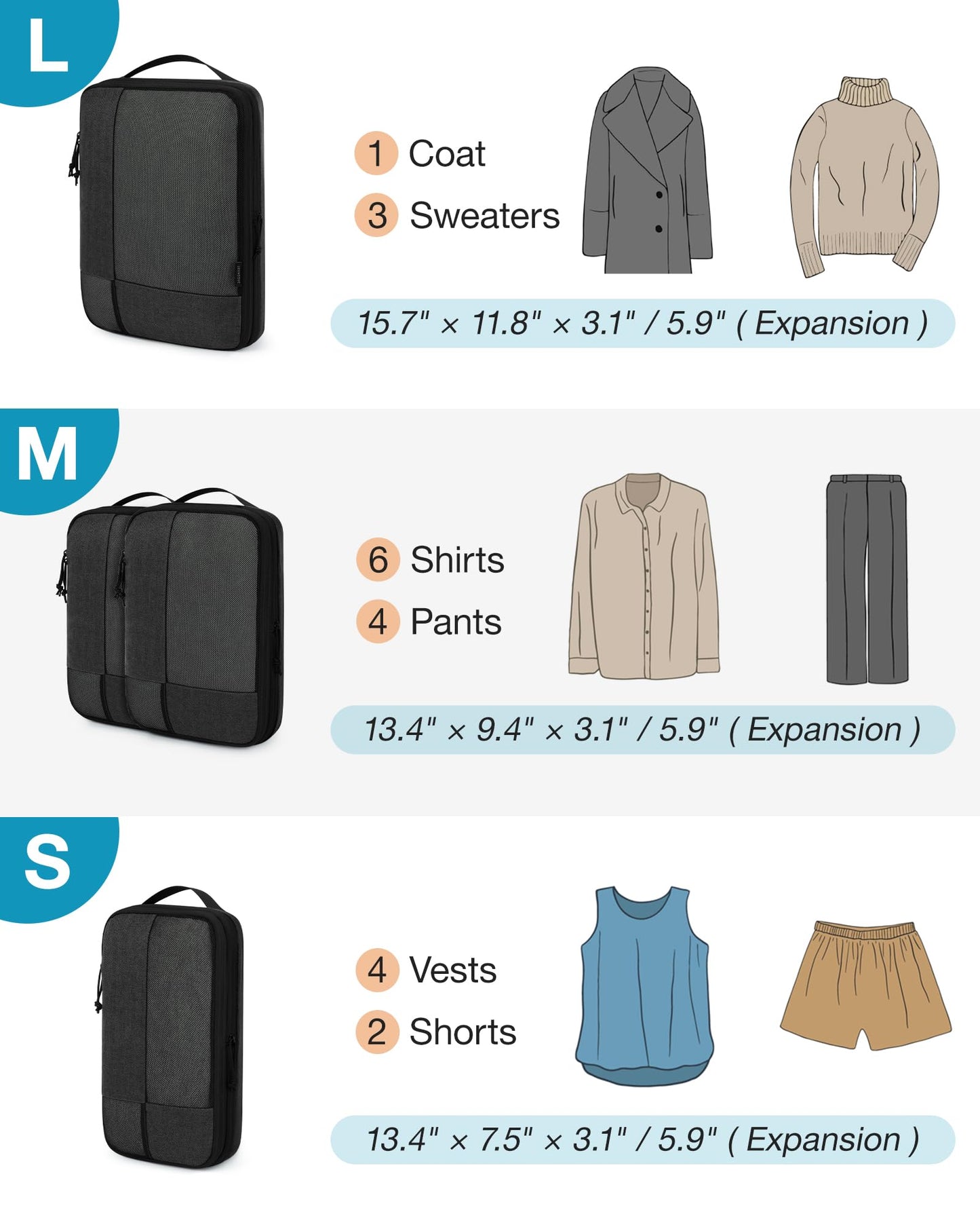 BAGSMART Compression Packing Cubes for Travel, 4 Set Packing Cubes for Carry on Suitcases, Compression Travel Cubes & Suitcase Organizer for Packing with Shoe Bag Black