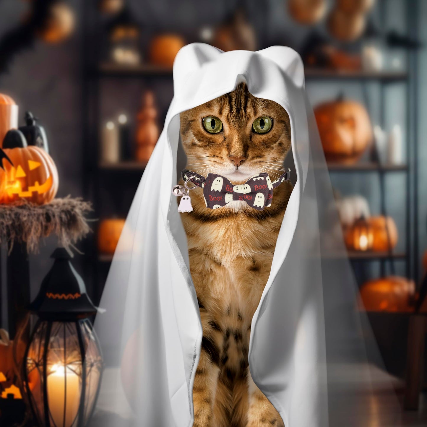 ADOGGYGO Halloween Cat Collar with Bowtie Bell, 2 Pack Halloween Kitten Collar with Removable Bow, Pumpkin Ghost Holiday Collars for Cat Kitten
