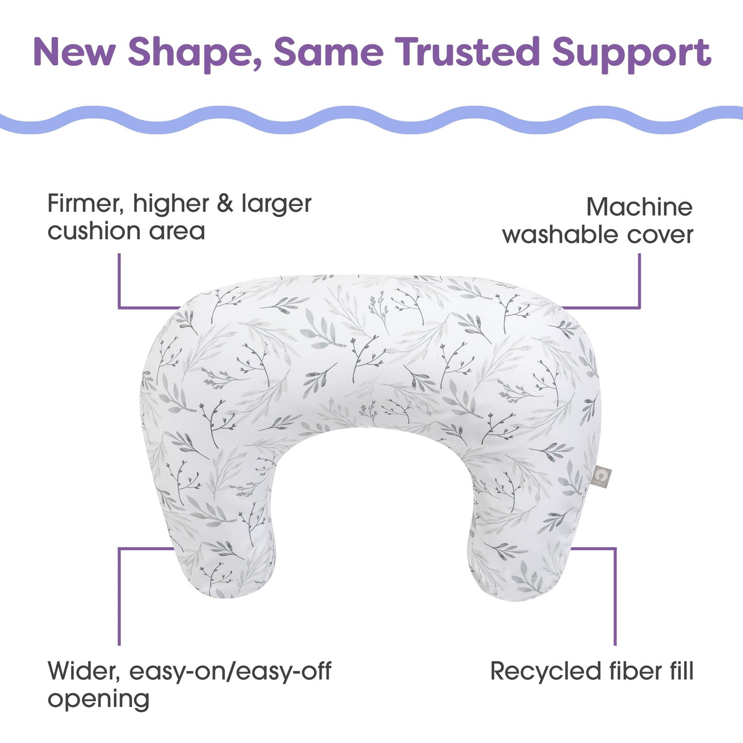 Boppy Nursing Pillow - Ergonomic Bottle & Breastfeeding Pillow with High, Firm, Large Area, Water-Repellent Cushion with Washable Cover; Baby Safety Alliance Verified - Gray Gentle Leaves
