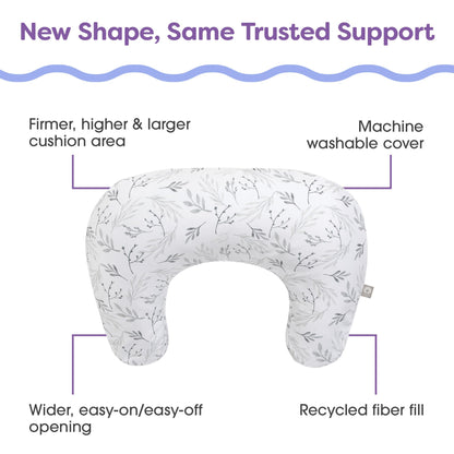 Boppy Nursing Pillow - Ergonomic Bottle & Breastfeeding Pillow with High, Firm, Large Area, Water-Repellent Cushion with Washable Cover; Baby Safety Alliance Verified - Gray Gentle Leaves