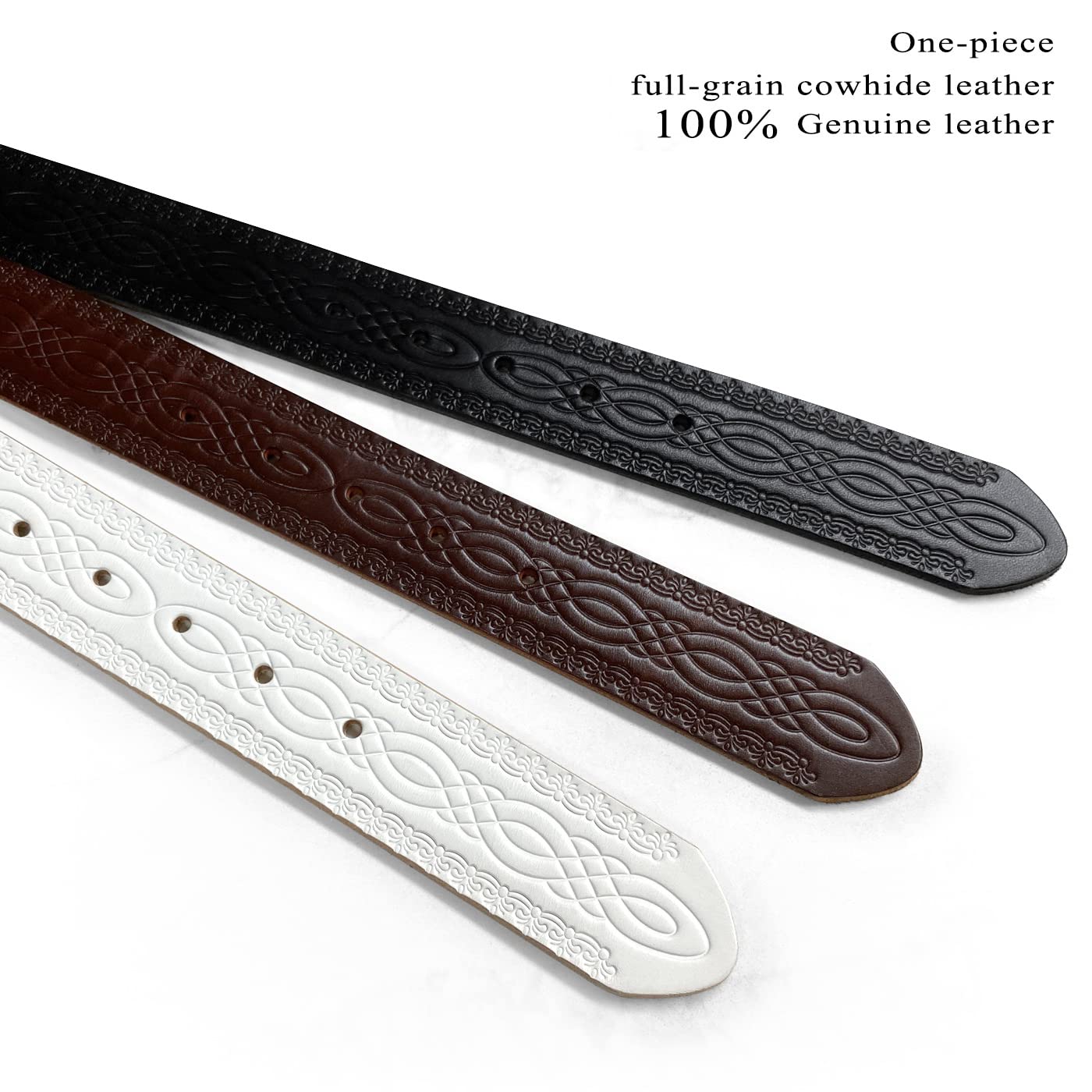BS085 Genuine Full Grain Engraved Embossed Leather Belt Strap with Snaps on 1-1/2"(38mm) Wide (White, 42)