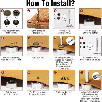 Alritz 120 Set Leather Snap Fasteners Kit, 12.5mm Metal Button Snaps Press Studs with 4 Setter Tools, 6 Colors Leather Snaps for Clothes, Jackets, Jeans Wears, Bracelets, Bags