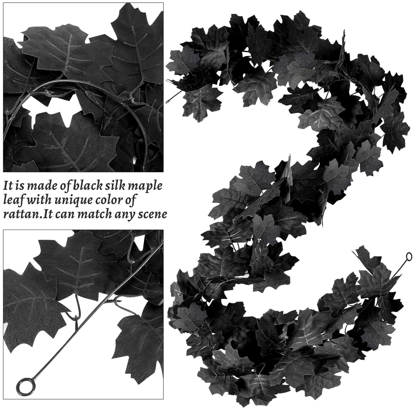 Black Maple Leaf Garland, 2PCS Halloween Artificial Hanging Fall Leave Vines, Fall Floral Garlands Thanksgiving Decor for Home Wedding Party (11.8FT)